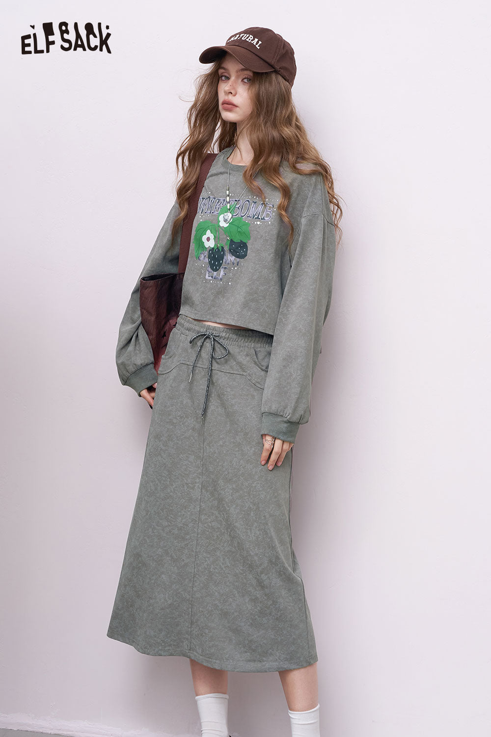 ELFSACK embroidered hoodie dress set washed sage green cropped floral hoodie with drawstring midi skirt