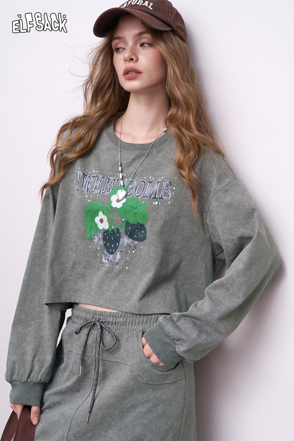ELFSACK embroidered hoodie dress set washed green cropped sweatshirt with floral embroidery and matching drawstring skirt