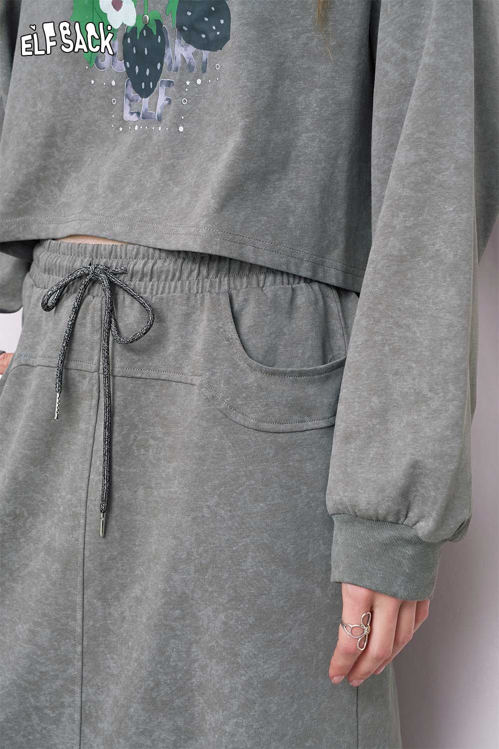 ELFSACK embroidered hoodie dress set in faded gray with cactus embroidery drawstring waist skirt and pockets