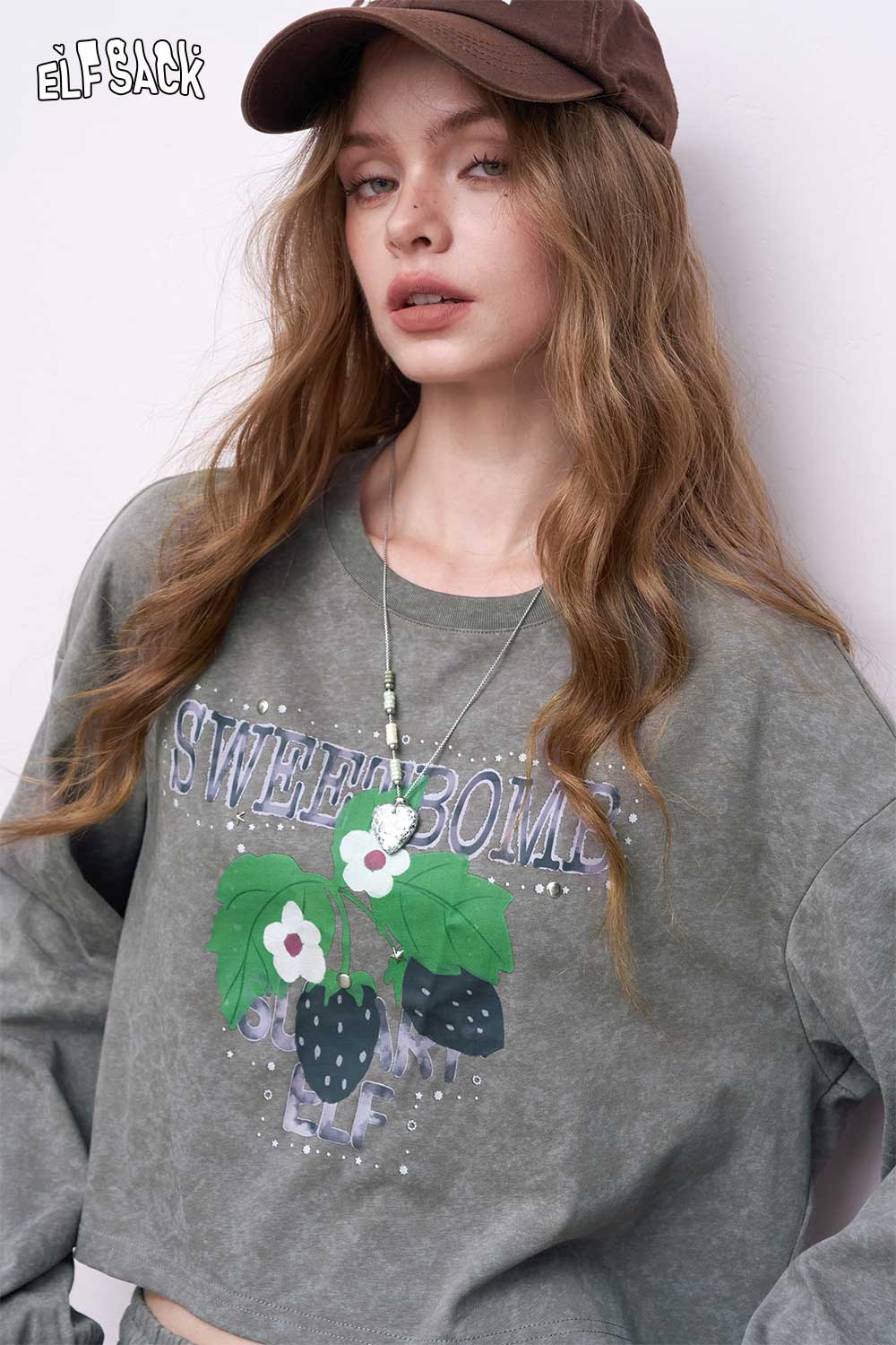 ELFSACK embroidered hoodie dress set grey washed sweatshirt with strawberry graphic model wearing brown cap
