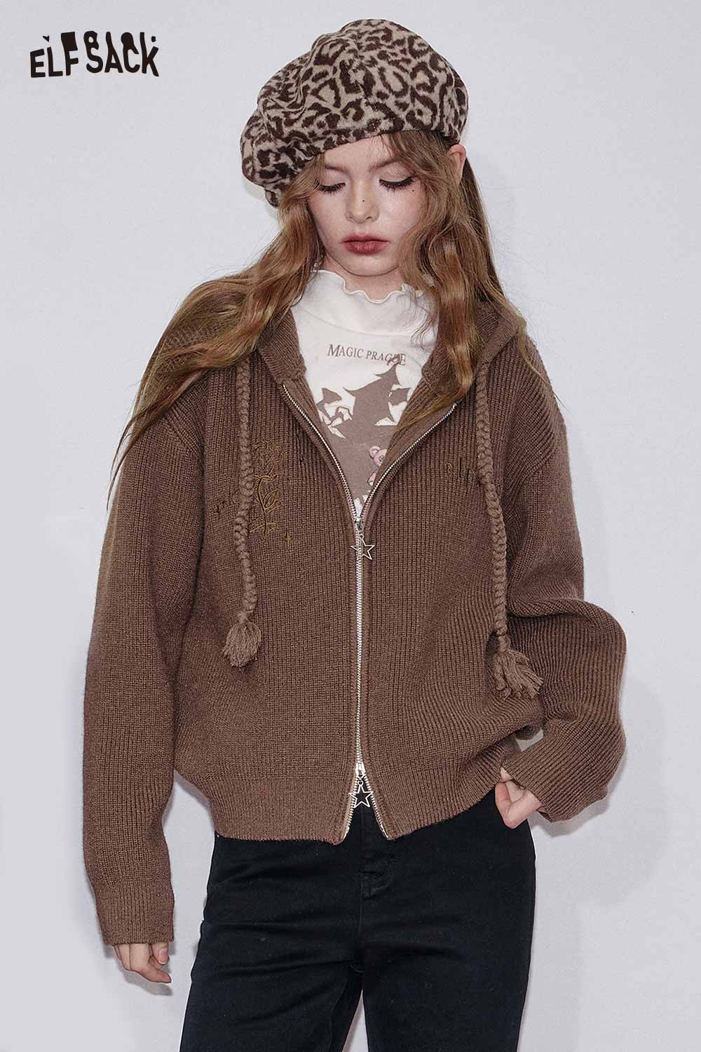 ELFSACK cotton blend embroidered zip up sweater in brown with a cozy hood and stylish design
