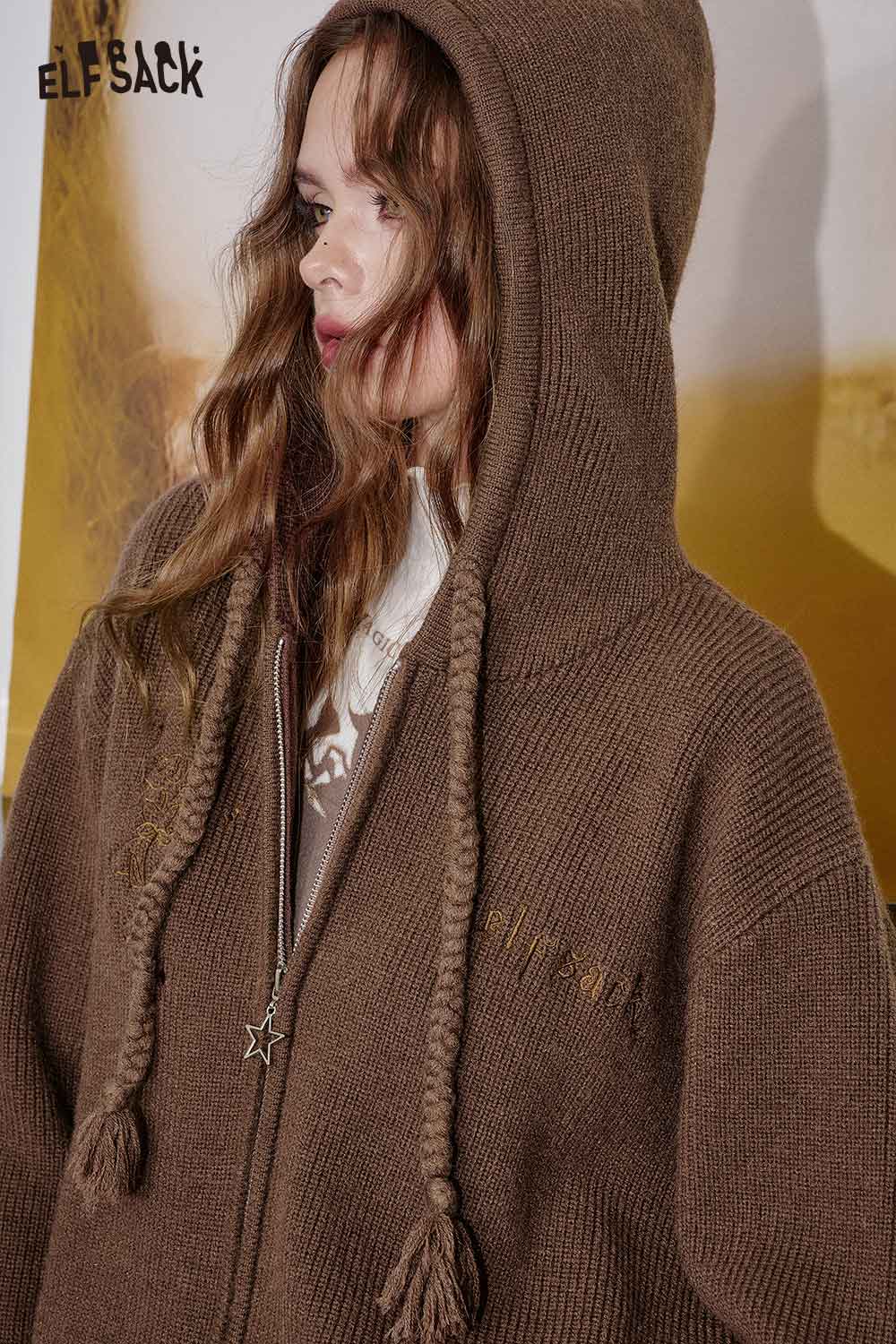 ELFSACK cotton blend embroidered zip up sweater in brown with a cozy hood and tassel detailing