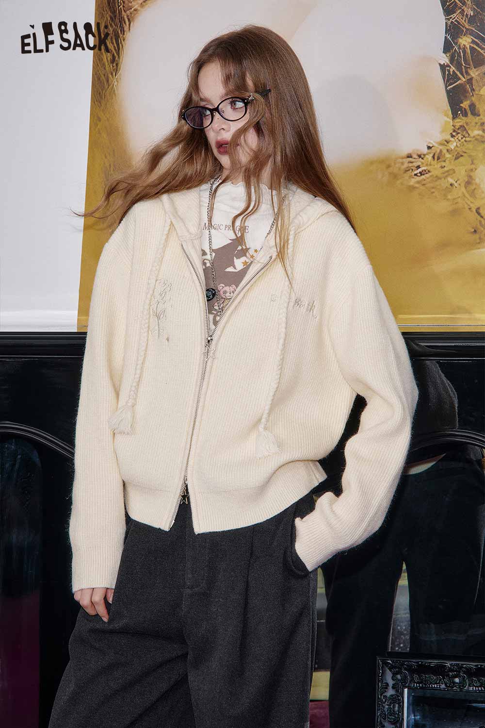 ELFSACK cotton blend embroidered zip up sweater in cream color with stylish hood and floral details