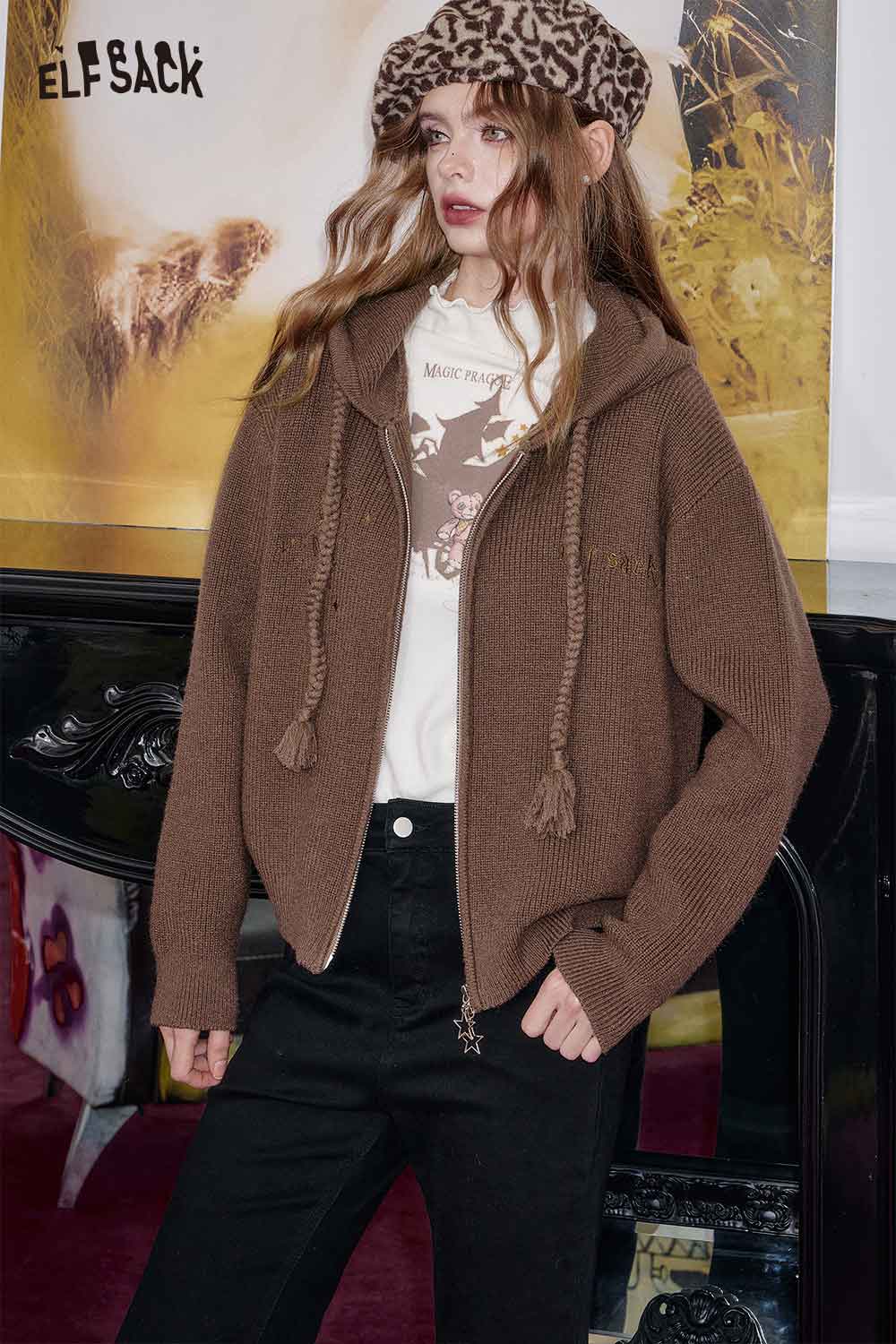 ELFSACK cotton blend embroidered zip up sweater in brown with tassel details for a stylish look