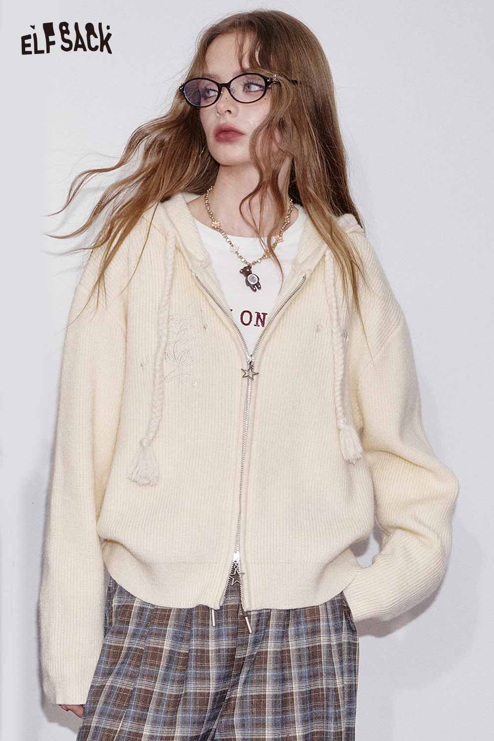 ELFSACK cotton blend embroidered zip up sweater in cream with a cozy hood and stylish design