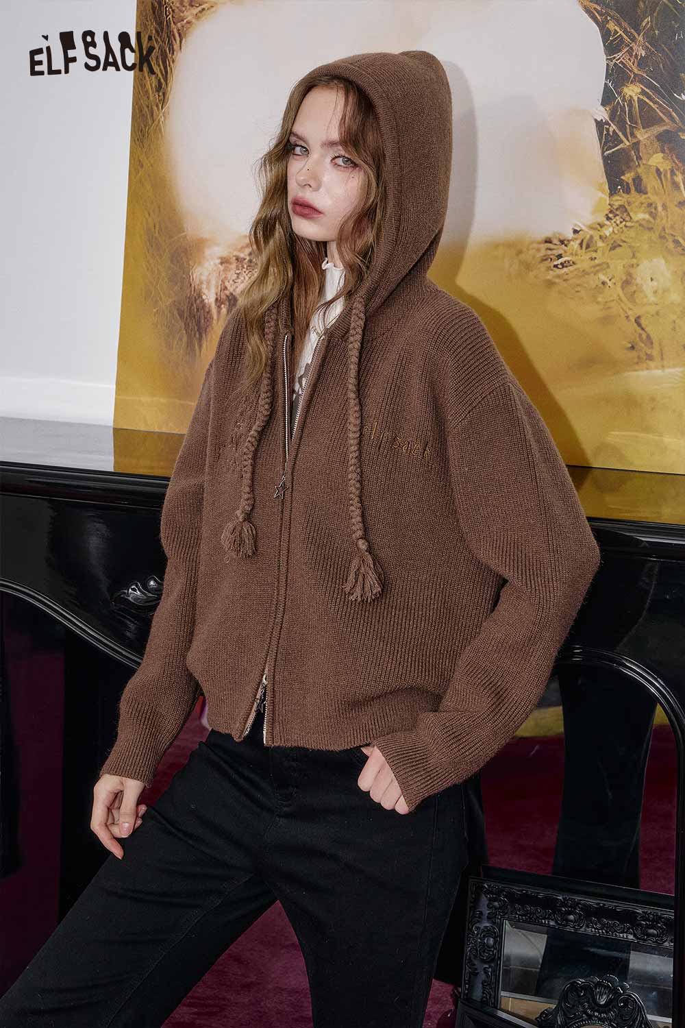 ELFSACK cotton blend embroidered zip up sweater in brown with a cozy hood and stylish design