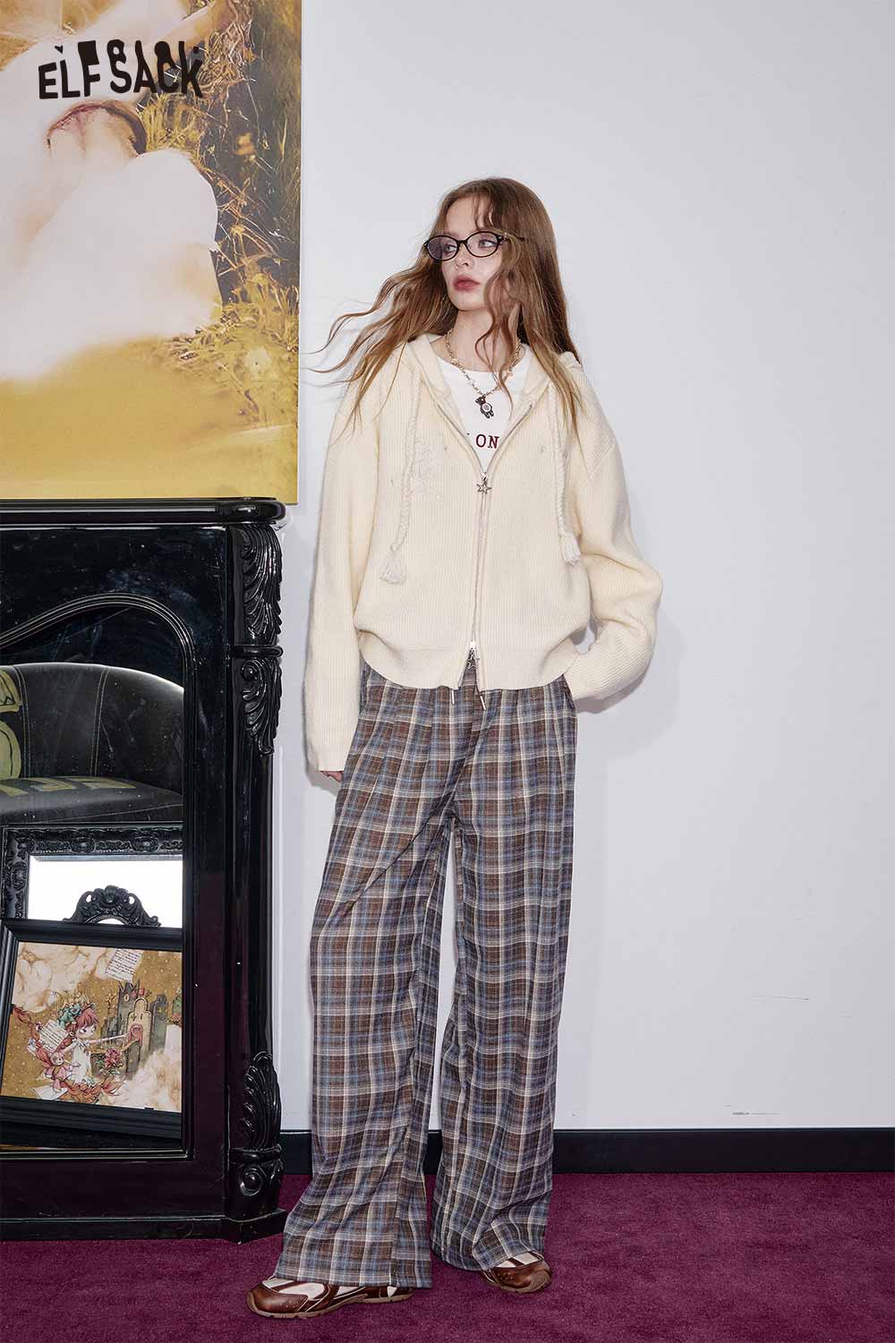 ELFSACK cotton blend embroidered zip up sweater styled with plaid trousers for a cozy outfit