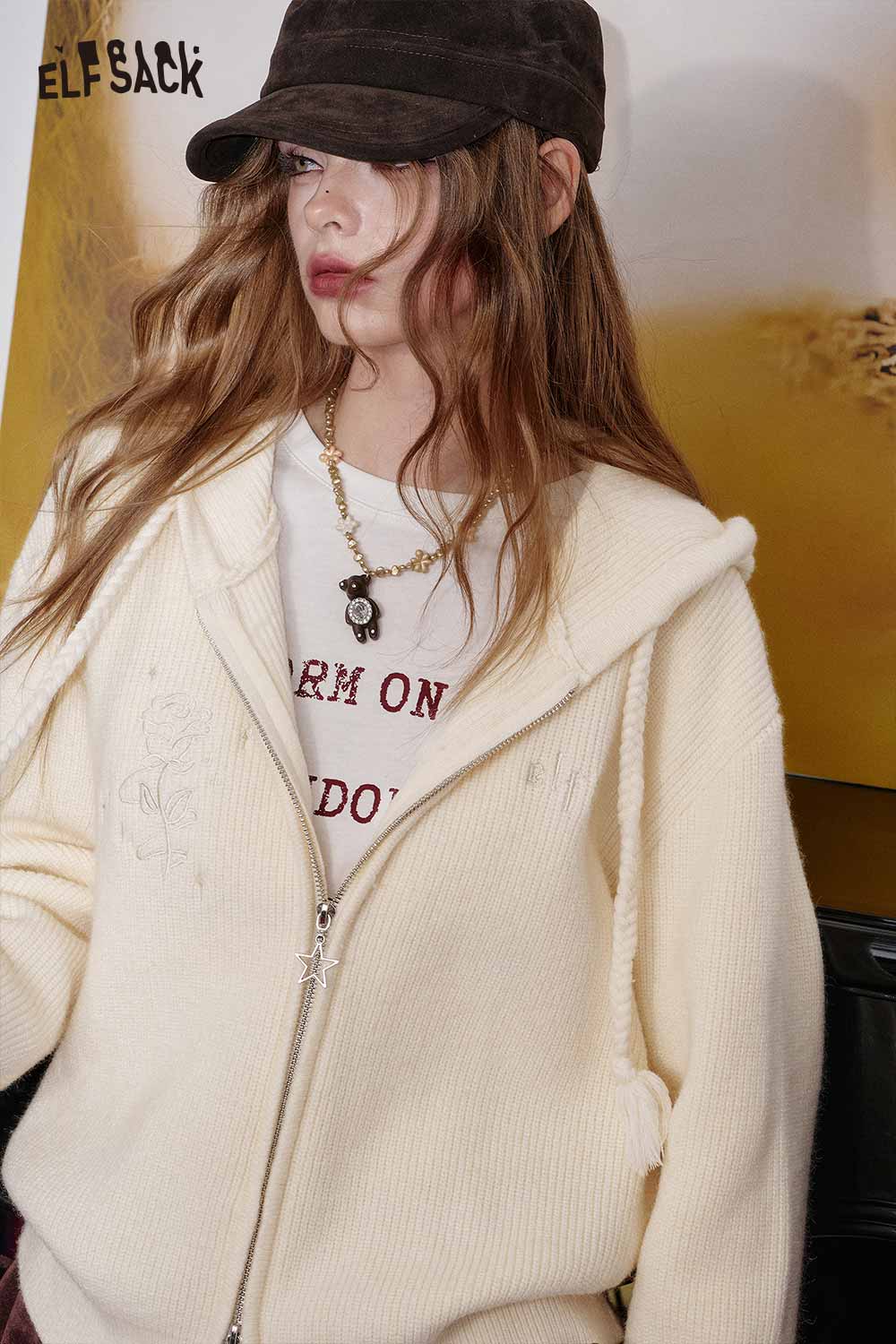 ELFSACK cotton blend embroidered zip up sweater in cream with a cozy hood and stylish design