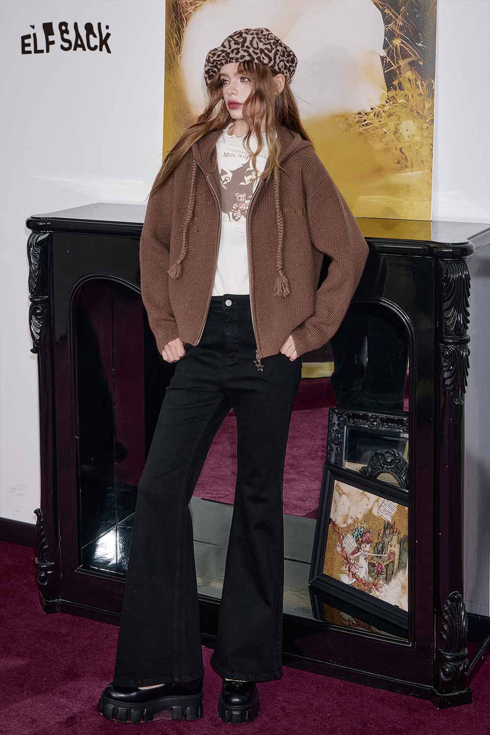 ELFSACK cotton blend embroidered zip up sweater styled with flared pants and a chic hat