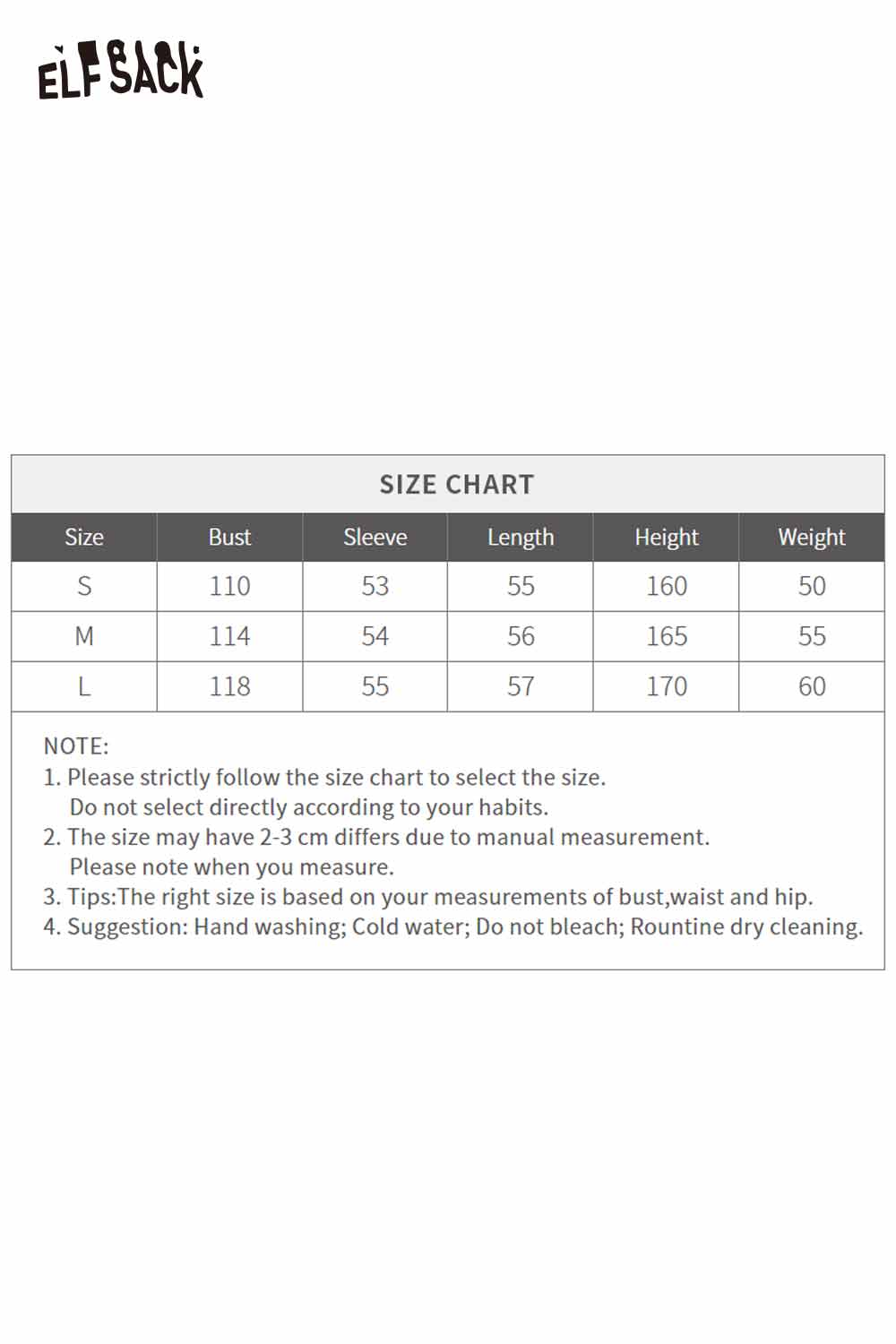 ELFSACK cotton blend embroidered zip up sweater with size chart for accurate fitting guidance