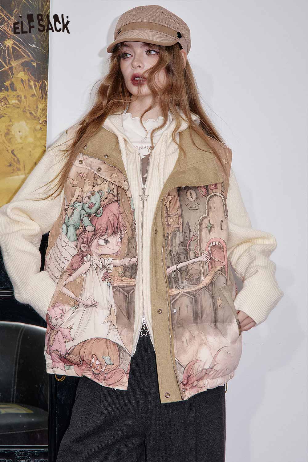 ELFSACK cotton blend embroidered zip up sweater featuring a unique artistic design with whimsical characters