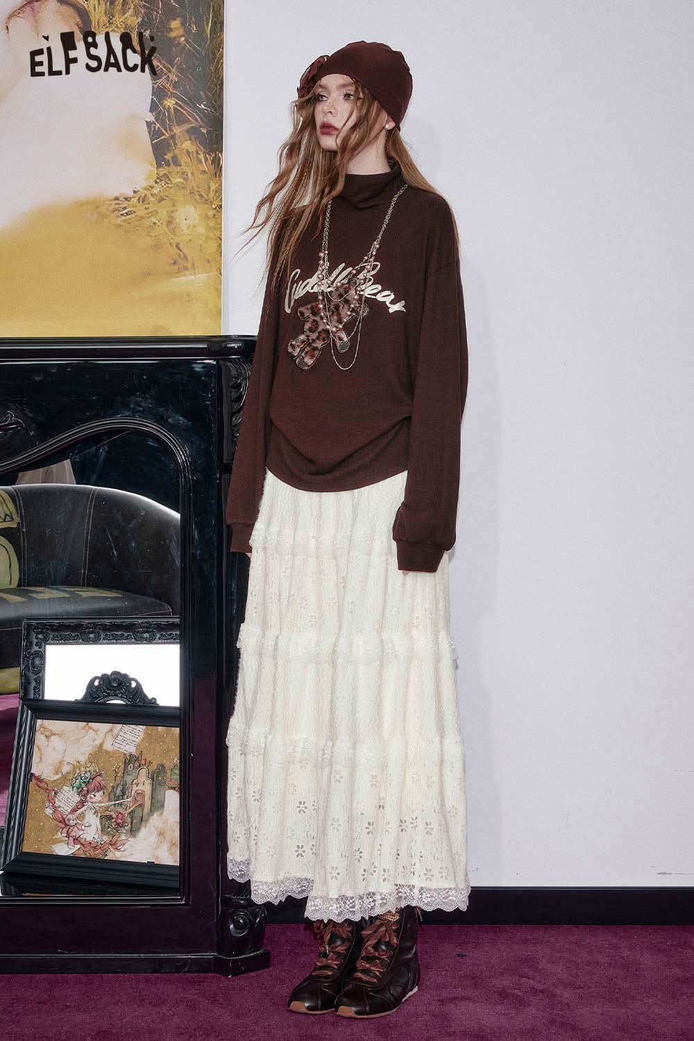 ELFSACK Cotton Blend Floral Maxi Dress with Layered Design and Elegant Lace Detailing