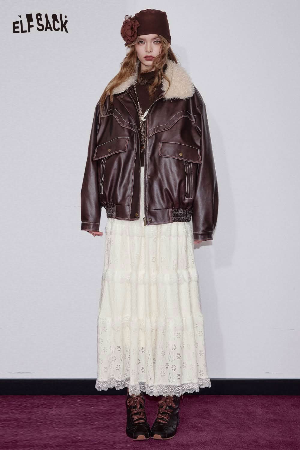 ELFSACK cotton blend floral maxi dress layered under a cozy brown jacket for a stylish look