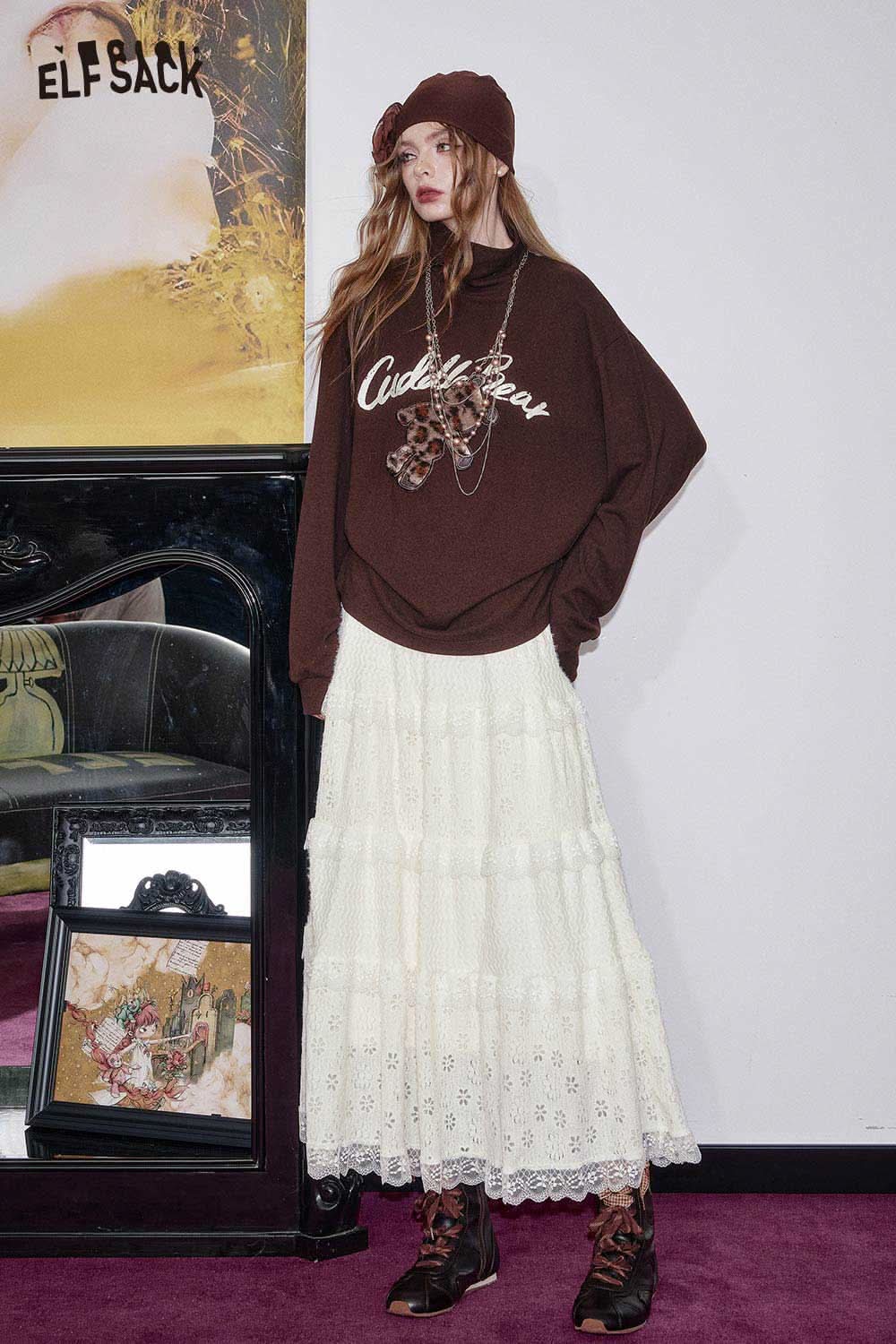 ELFSACK cotton blend floral maxi dress with layered lace detail and a relaxed fit for a chic style