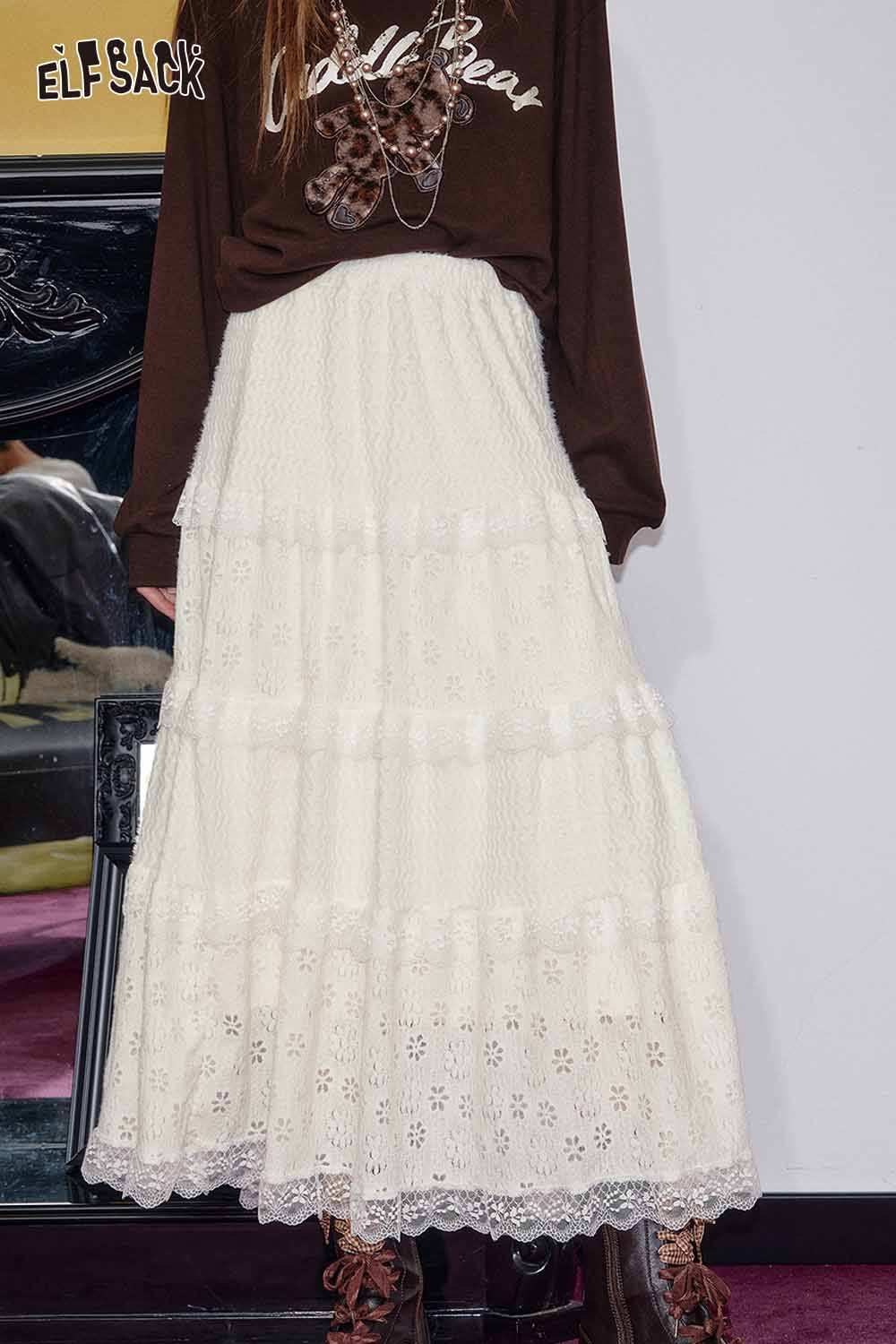 ELFSACK cotton blend floral maxi dress in white with tiered lace detailing for a stylish look