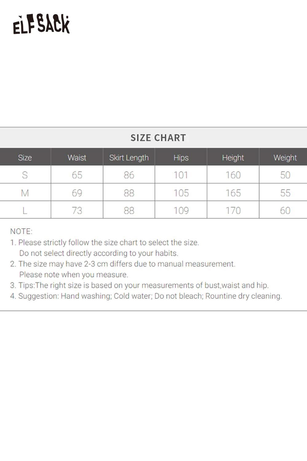ELFSACK cotton blend floral maxi dress showcasing its size chart and care instructions for optimal fit and maintenance