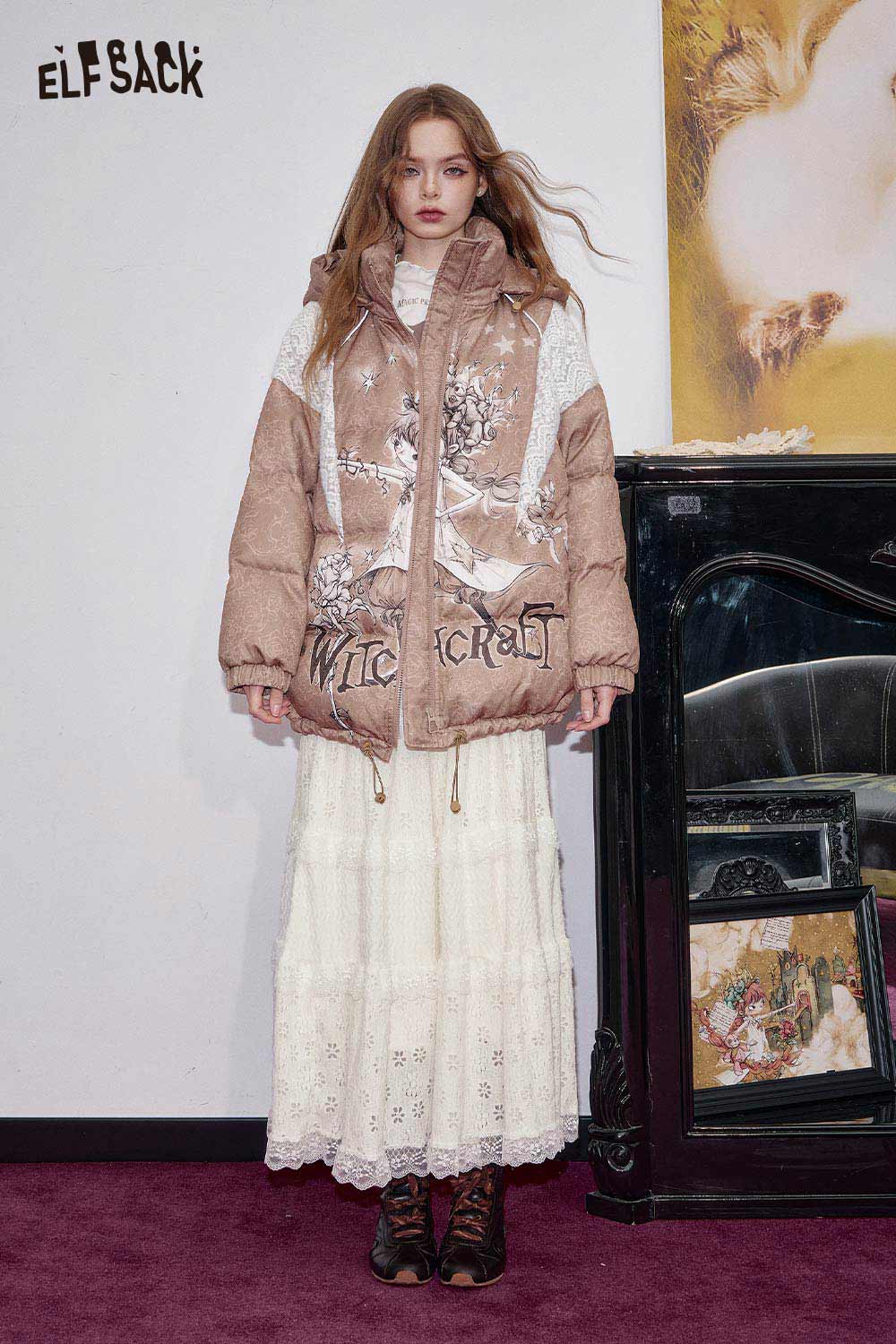 ELFSACK cotton blend floral maxi dress paired with a stylish puffer jacket in a chic indoor setting