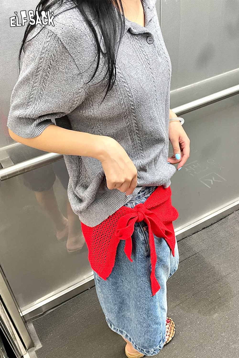 Stylish outfit featuring a cotton blend knit skirt with apron and casual gray top for trendy looks