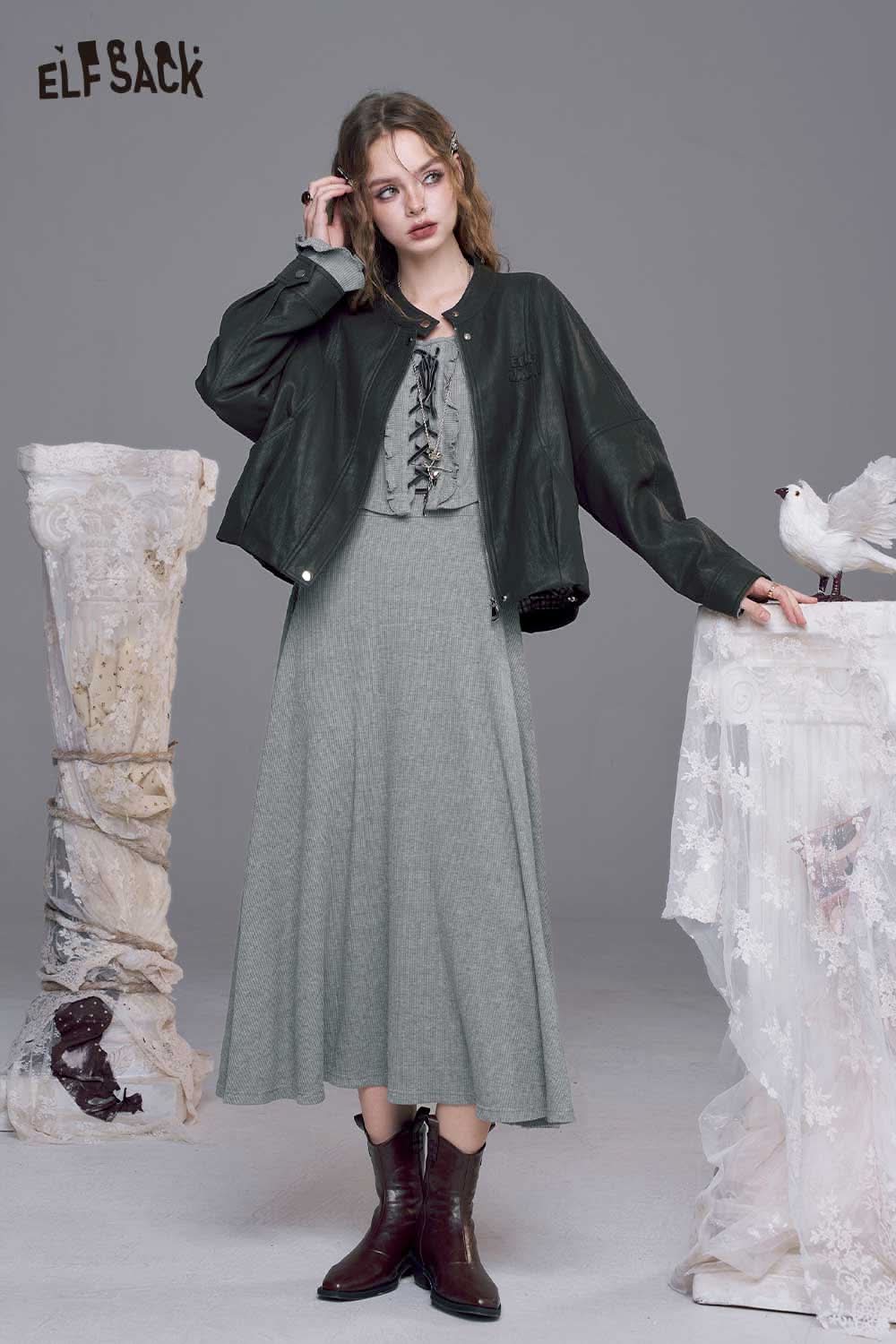 ELFSACK cotton blend square neckline maxi dress paired with a stylish jacket for a chic look