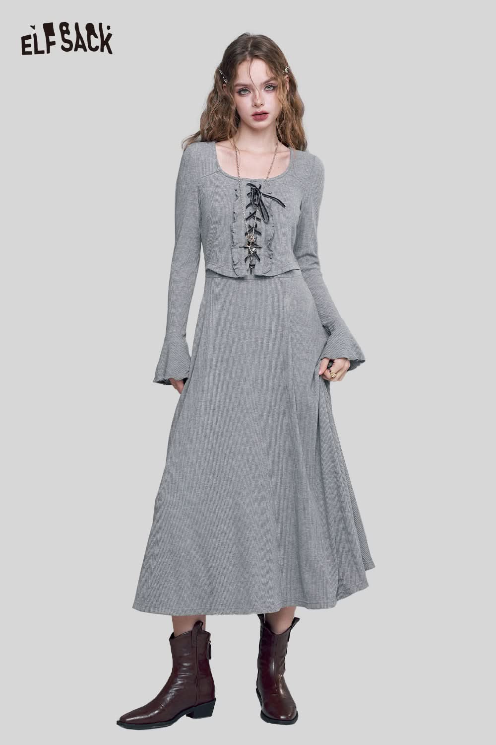 ELFSACK cotton blend square neckline maxi dress with long sleeves and lace-up details