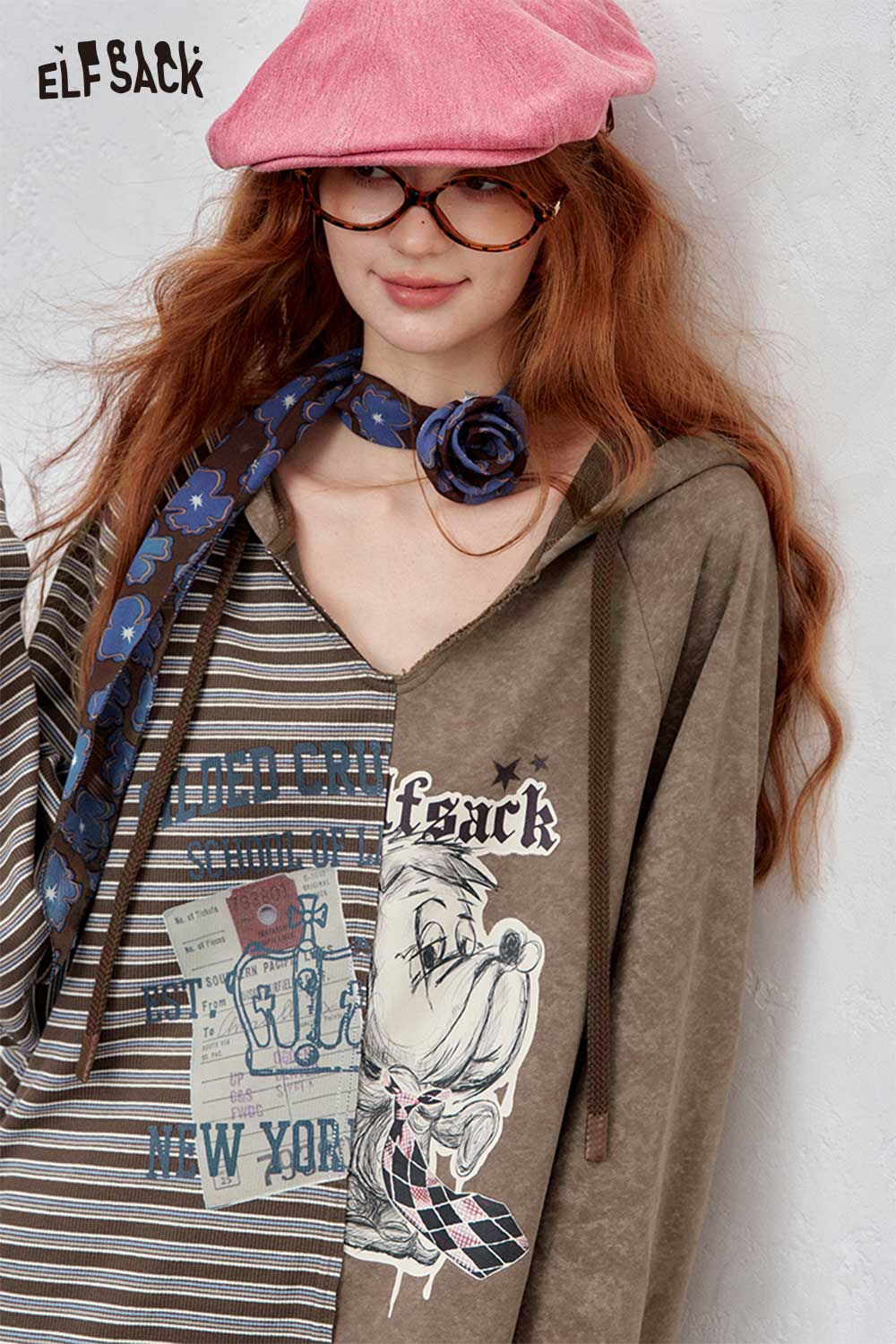 ELFSACK cotton blend stripe hooded dress featuring graphic design and relaxed fit for casual style