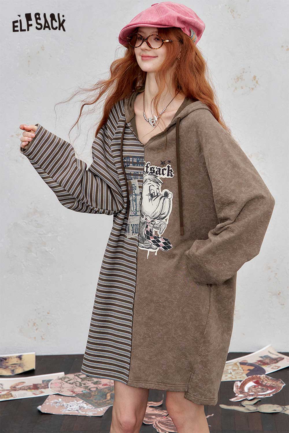 ELFSACK cotton blend stripe hooded dress with graphic print and oversized sleeves