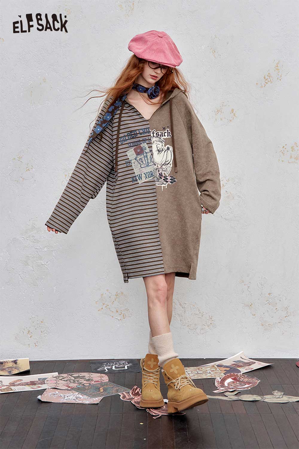 ELFSACK cotton blend stripe hooded dress in brown with graphic prints and relaxed fit