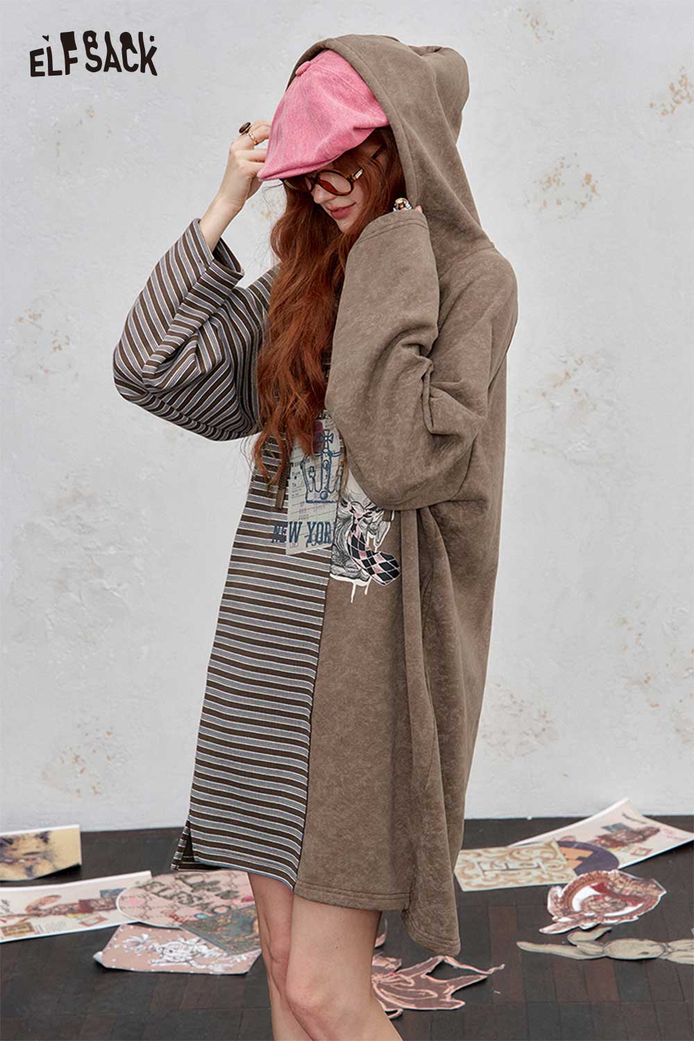 ELFSACK cotton blend stripe hooded dress featuring a relaxed fit and graphic print design for casual style