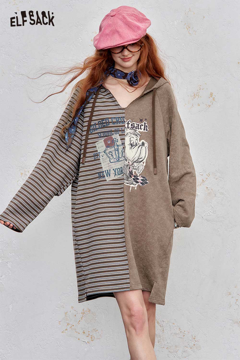 ELFSACK cotton blend stripe hooded dress in brown and striped patterns with graphic print for casual style