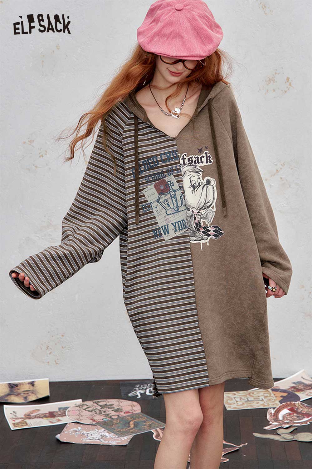 ELFSACK cotton blend stripe hooded dress featuring a unique patchwork design for a casual, stylish look