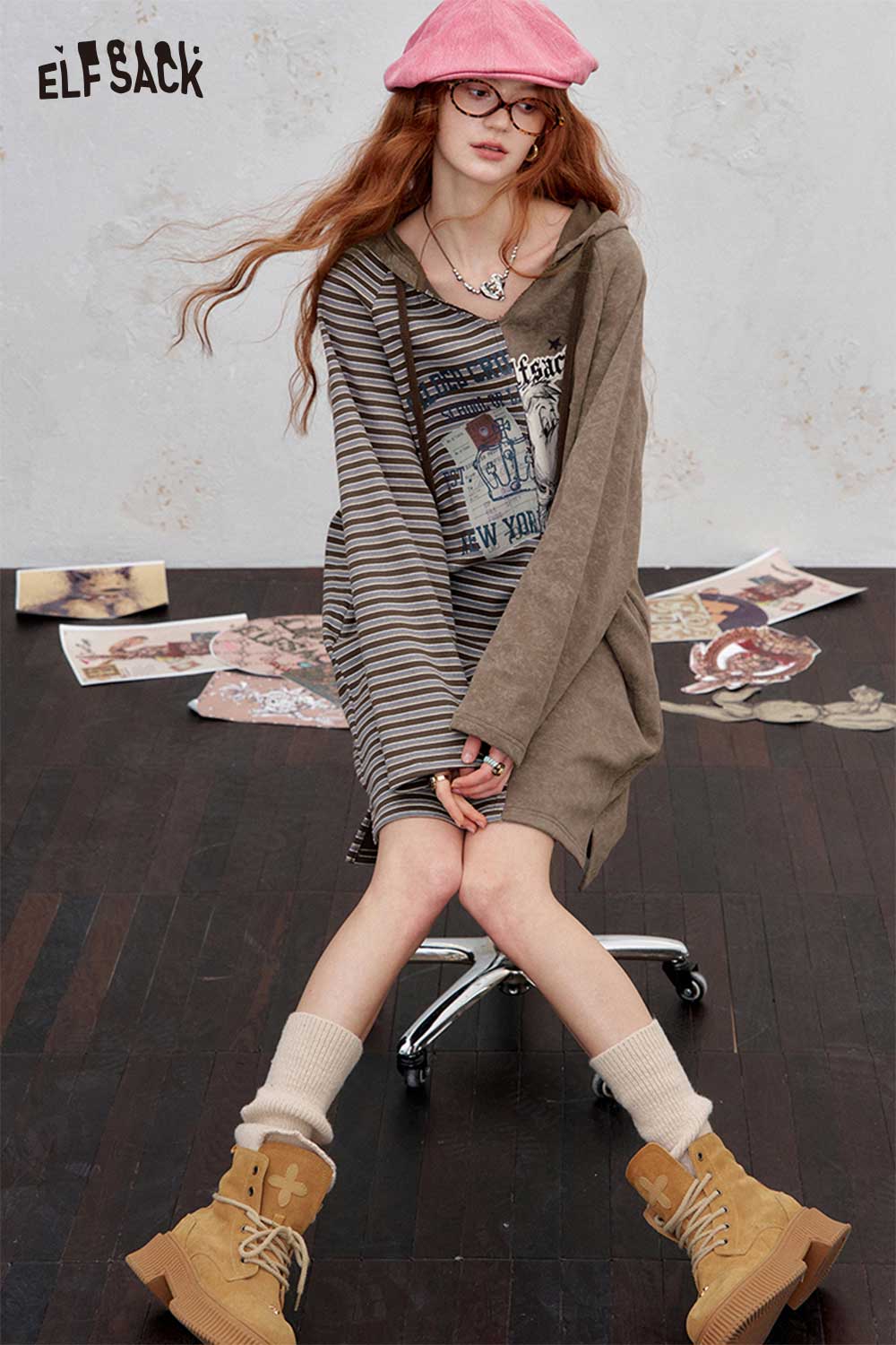 ELFSACK cotton blend stripe hooded dress in brown and gray with graphic print for a casual look