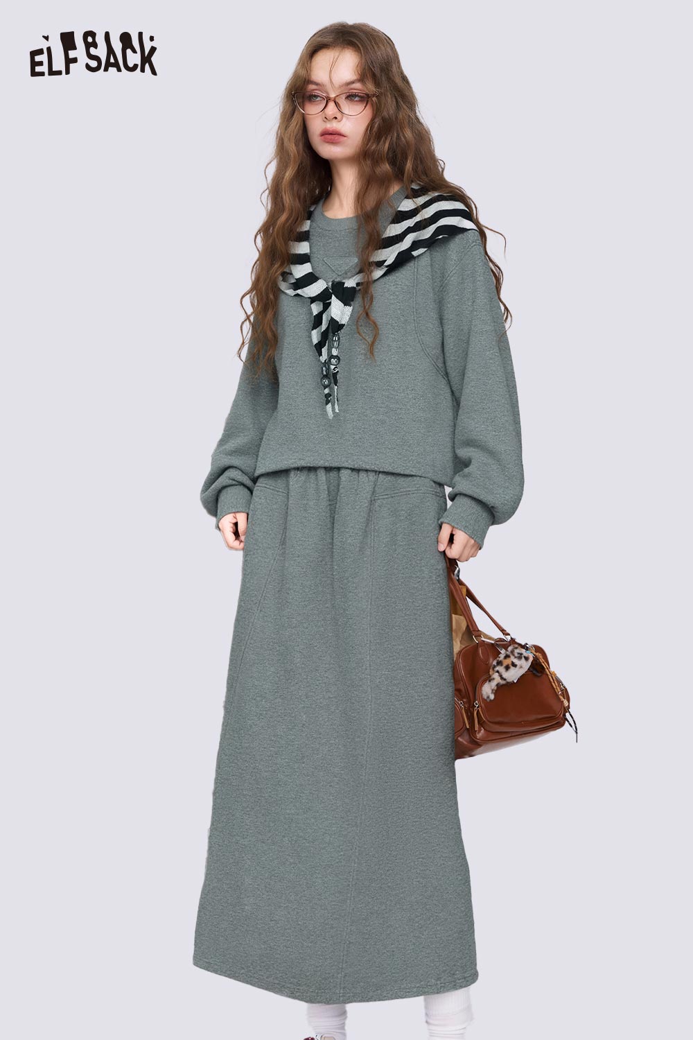 ELFSACK grey cotton blend two-piece set for women featuring a stylish oversized sweater and long skirt