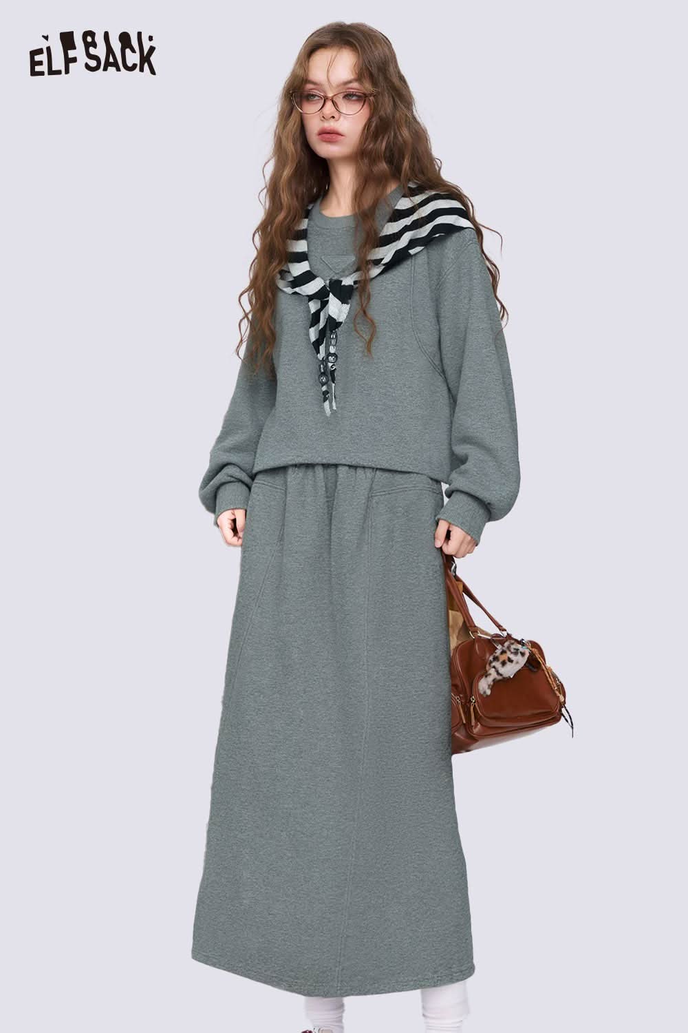 ELFSACK grey cotton blend two-piece set for women featuring a stylish oversized sweater and long skirt