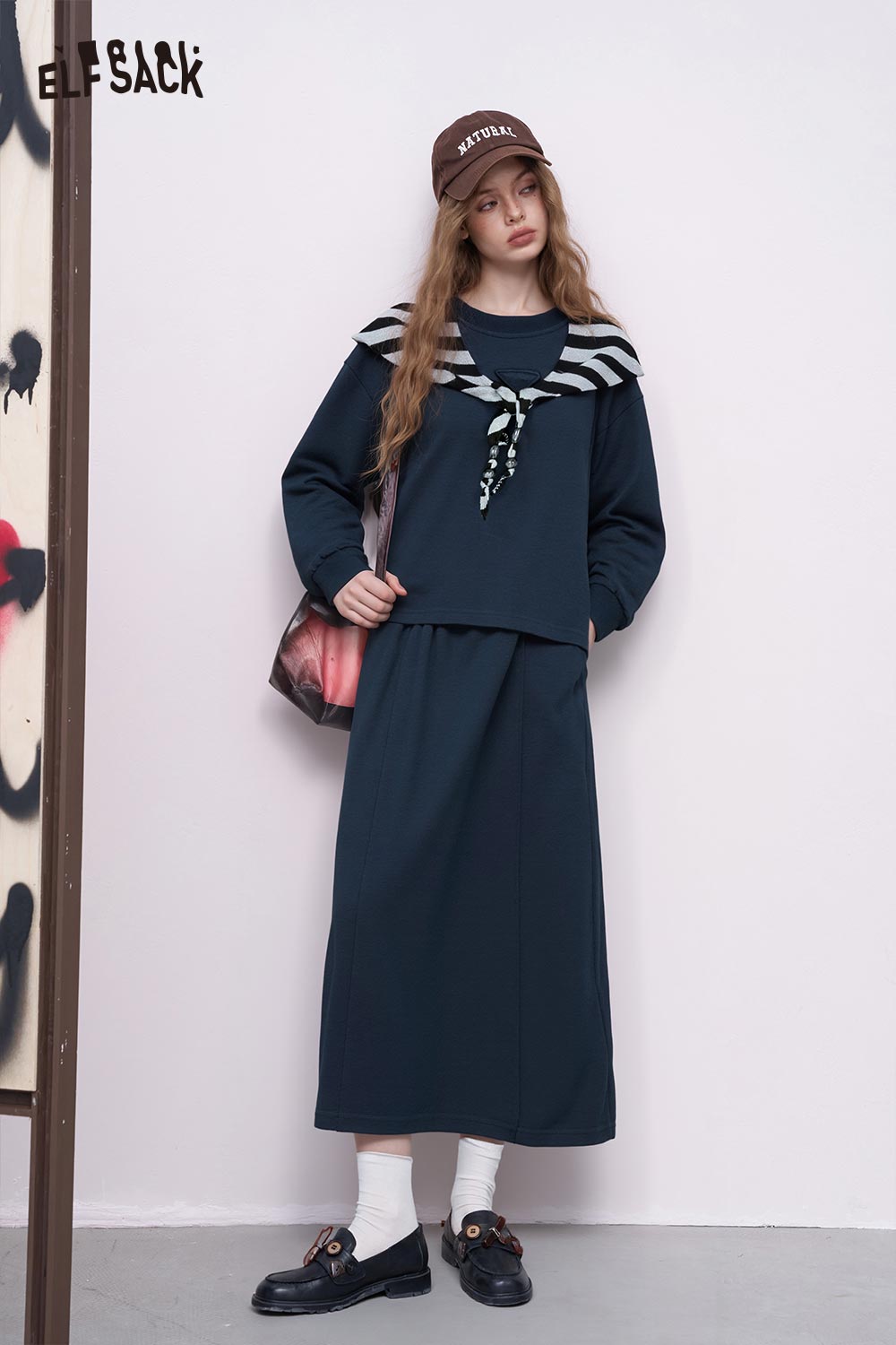ELFSACK Cotton Blend Two-Piece Set for Women featuring a stylish top and long skirt
