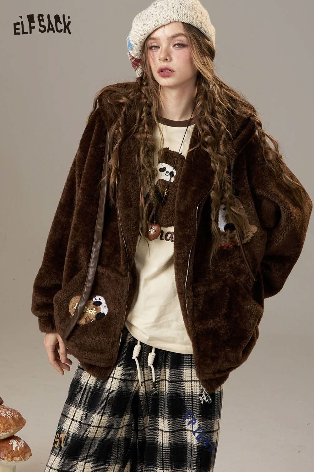 ELFSACK cotton cartoon embroidery long sleeve tee paired with a cozy brown jacket and plaid pants