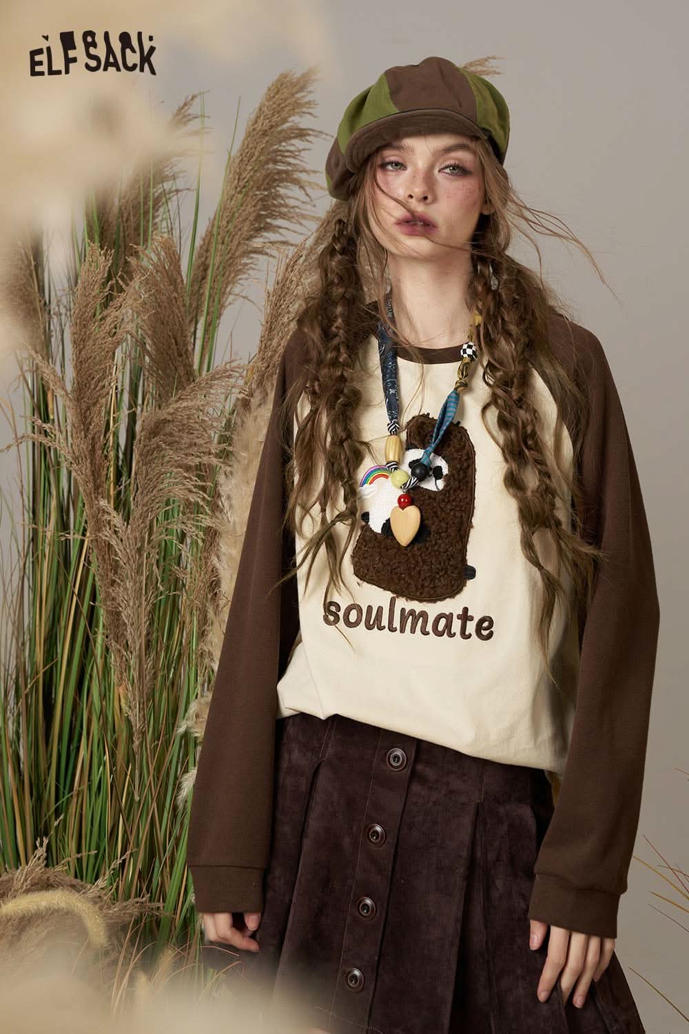 ELFSACK cotton cartoon embroidery long sleeve tee featuring a playful design with cute graphics