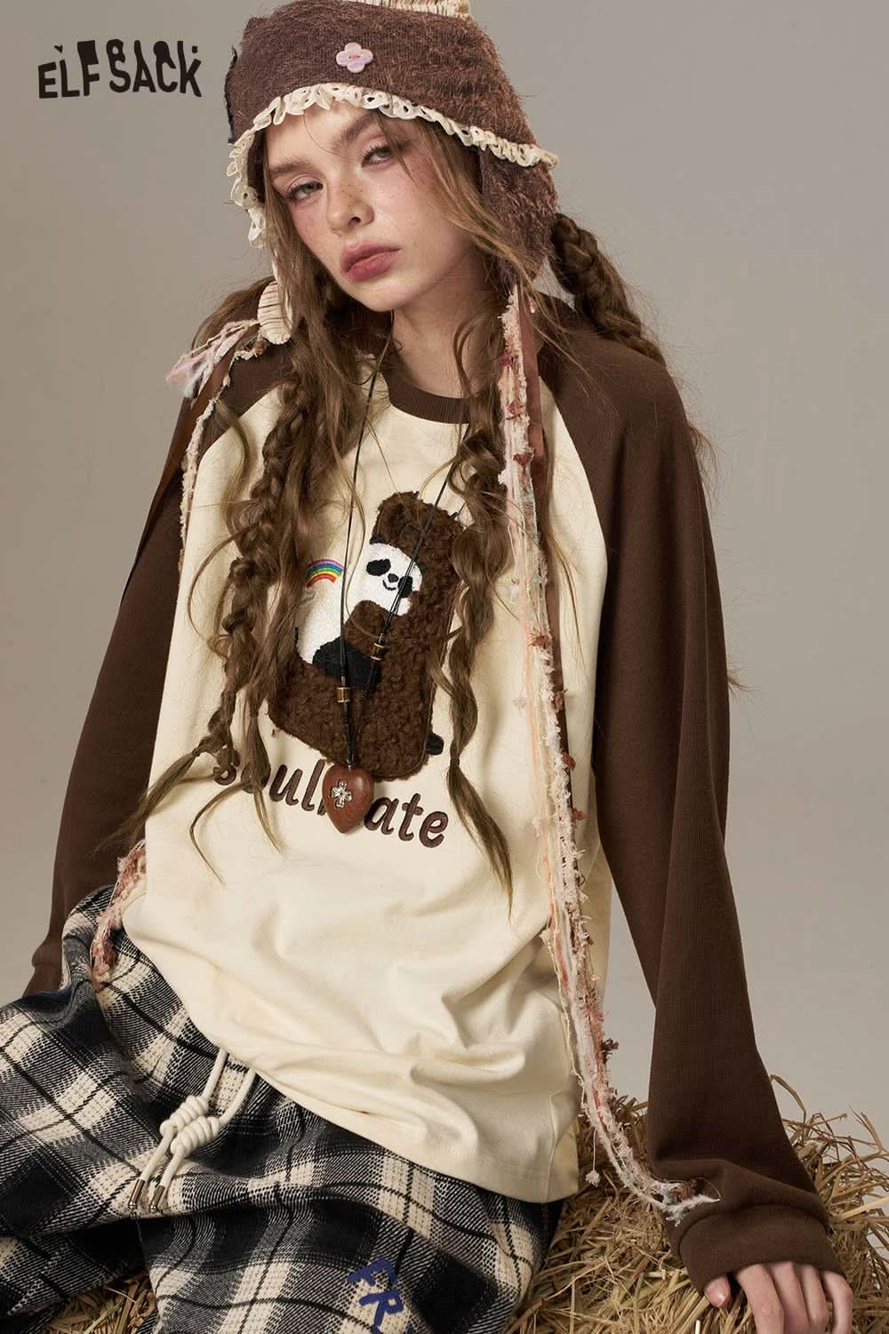ELFSACK cotton cartoon embroidery long sleeve tee featuring a cute bear design and cozy fit