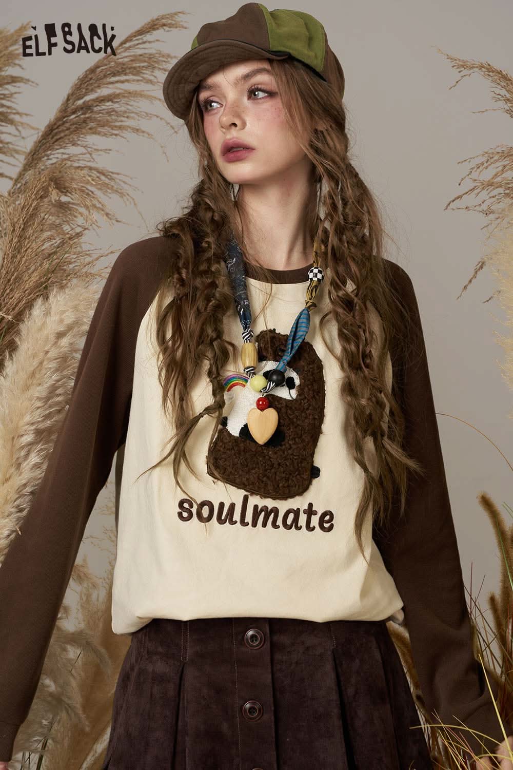 ELFSACK cotton cartoon embroidery long sleeve tee featuring a unique hedgehog design and warm sleeves