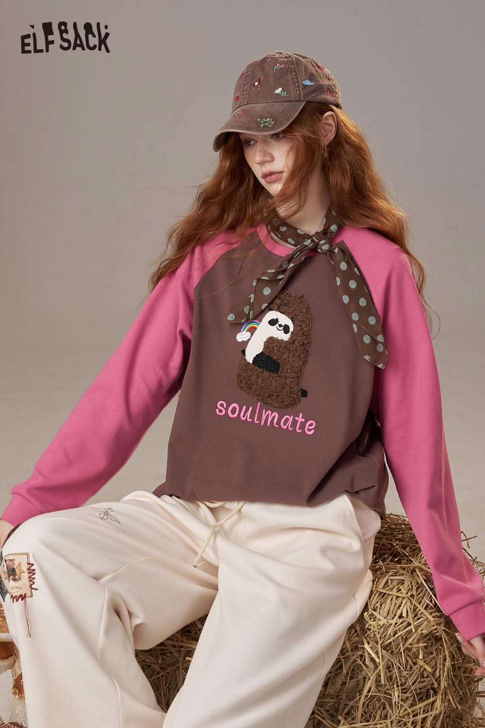 ELFSACK cotton cartoon embroidery long sleeve tee in brown and pink with cute graphics