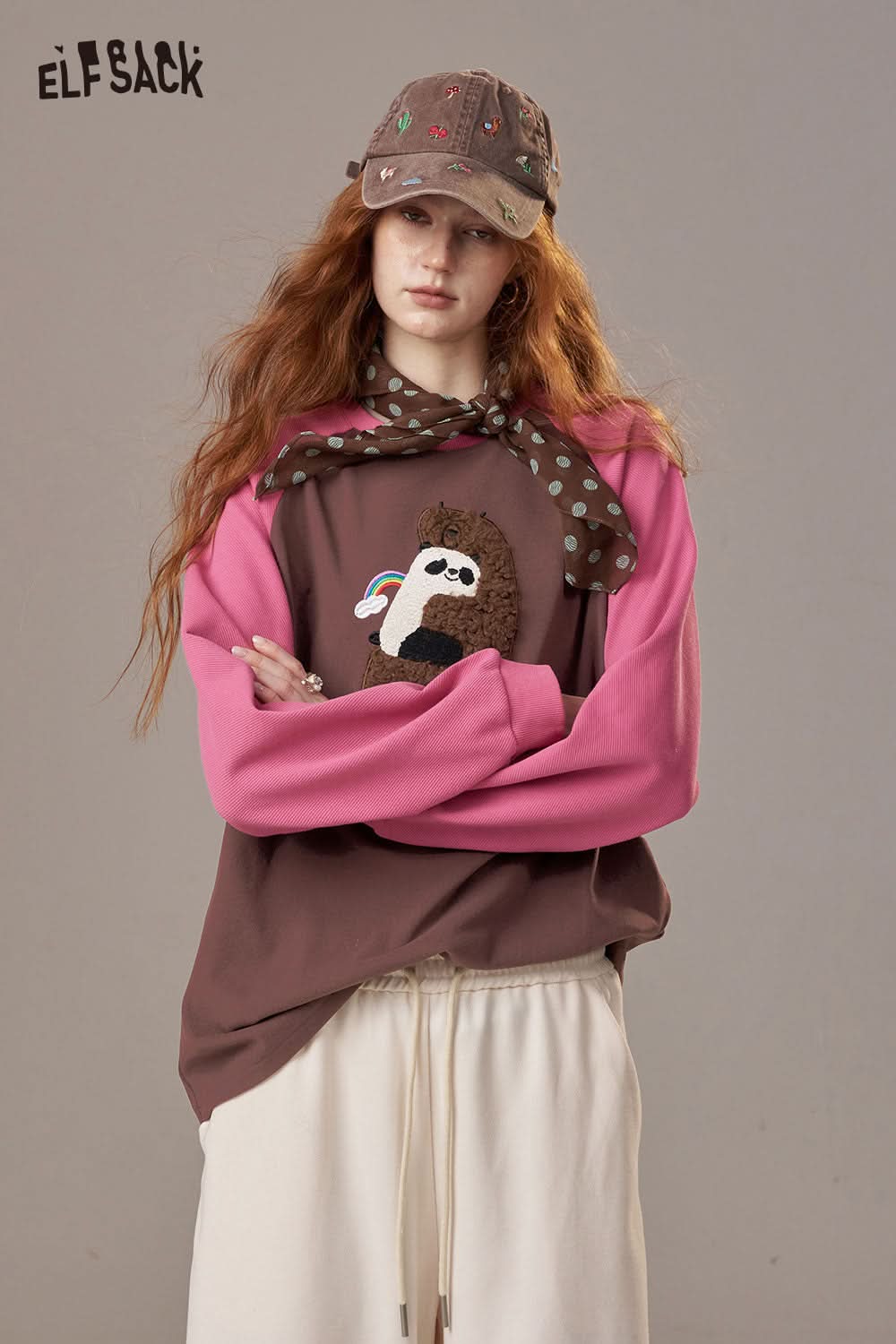 ELFSACK cotton cartoon embroidery long sleeve tee with unique hedgehog design and colorful sleeves