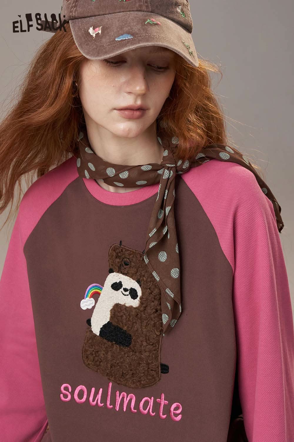 ELFSACK cotton cartoon embroidery long sleeve tee featuring a playful sloth design with colorful accents