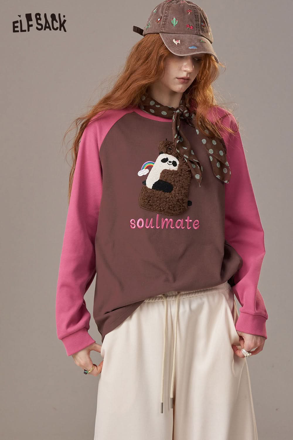 ELFSACK cotton cartoon embroidery long sleeve tee with panda design and colorful sleeves
