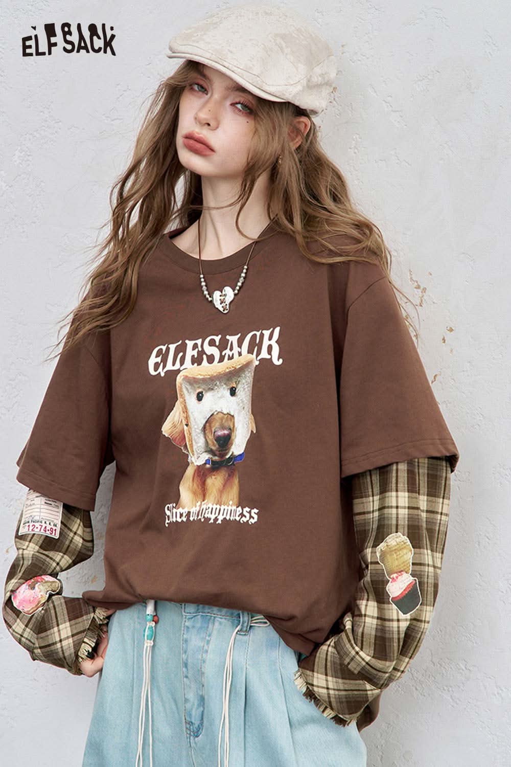 ELFSACK cotton checkered patchwork tee featuring a playful dog graphic design