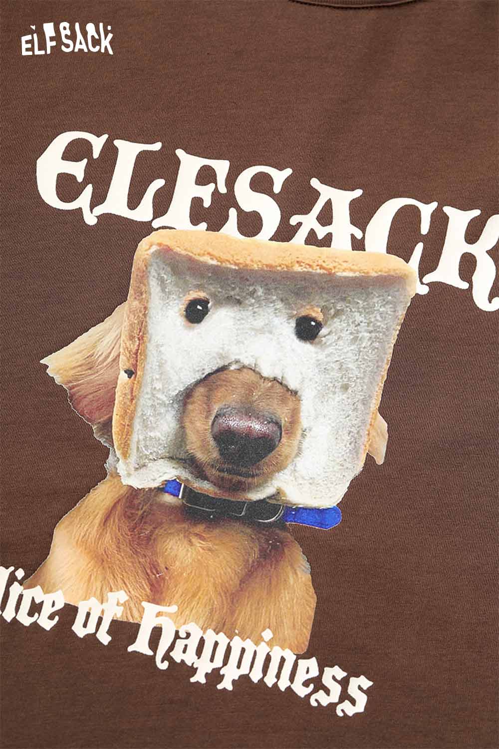 ELFSACK cotton checkered patchwork tee featuring a playful dog with a slice of bread on its head