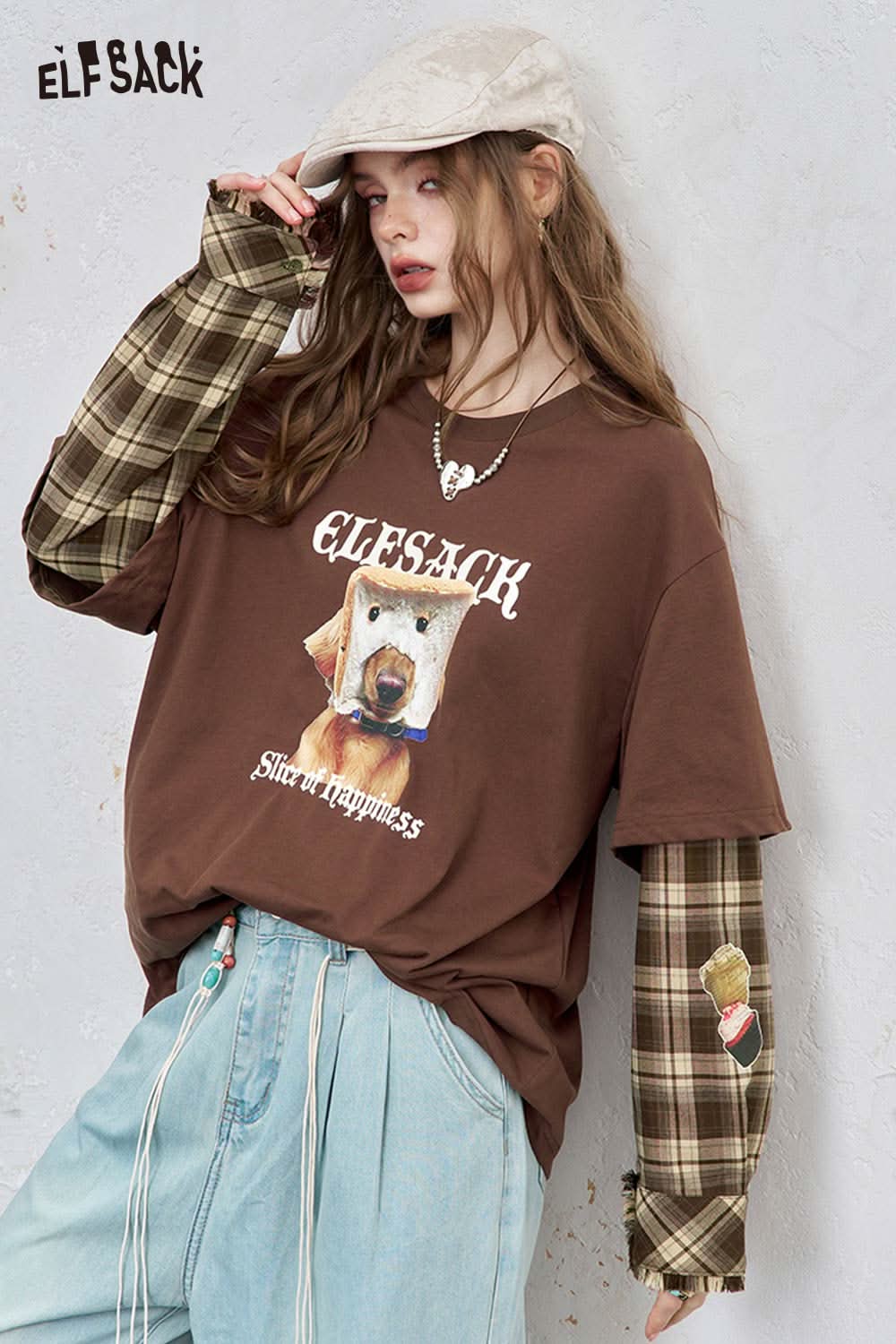 ELFSACK Cotton Checkered Patchwork Tee with Brown Graphic Print and Layered Long Sleeves