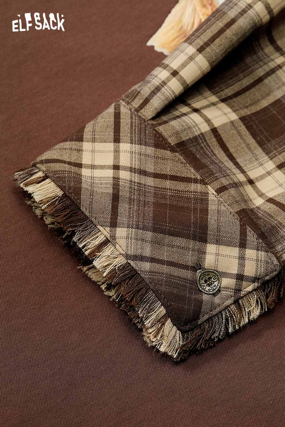 ELFSACK cotton checkered patchwork tee with unique frayed edges and stylish design