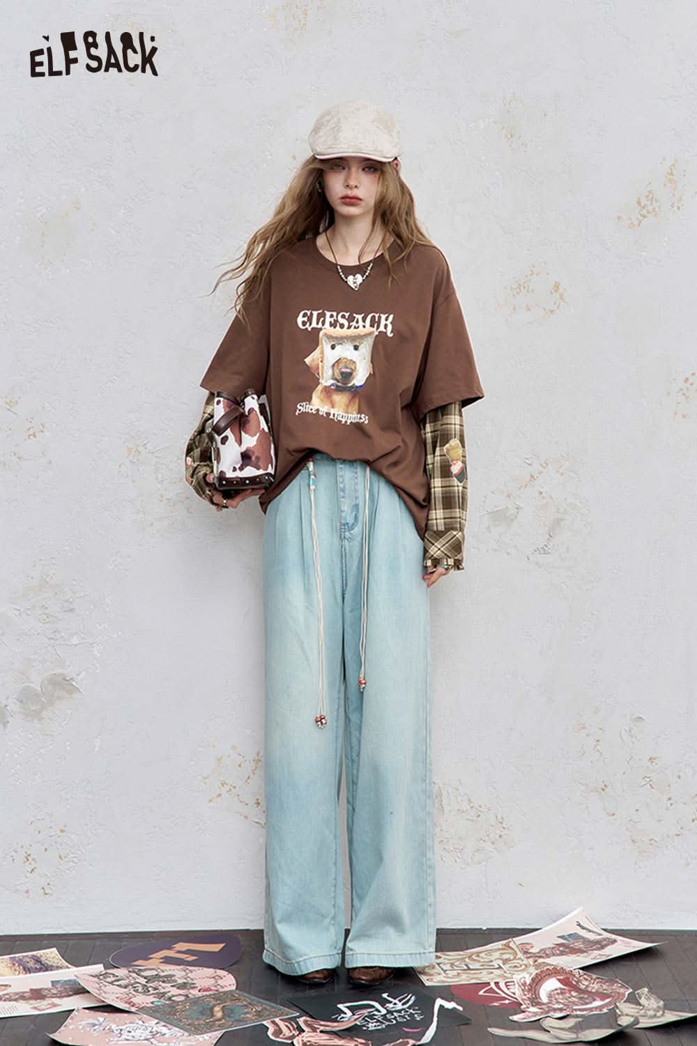 ELFSACK cotton checkered patchwork tee with a unique graphic design in brown and layered style