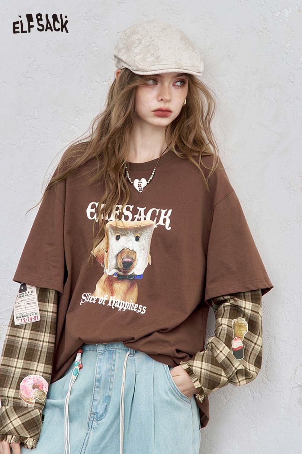 ELFSACK cotton checkered patchwork tee featuring a cute dog graphic and layered sleeves