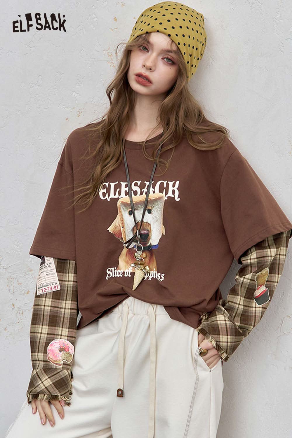 ELFSACK Cotton Checkered Patchwork Tee with graphic design and layered look for a trendy style