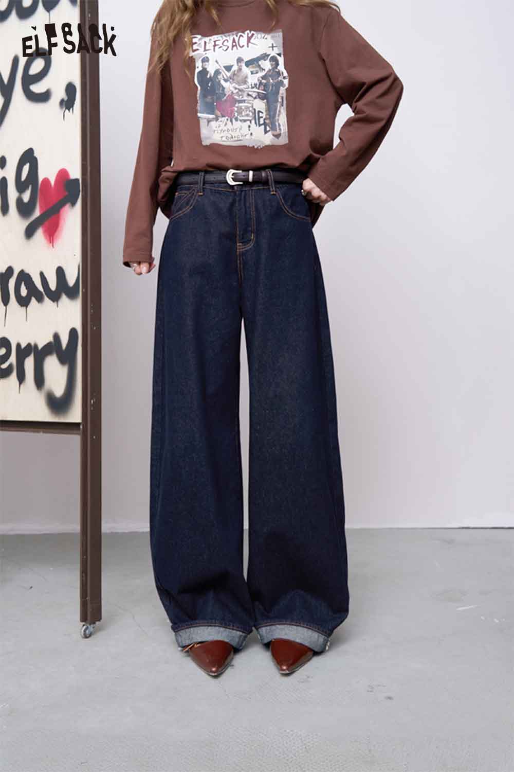 ELFSACK dark indigo vintage straight leg jeans for women high waist wide leg cuffed hem